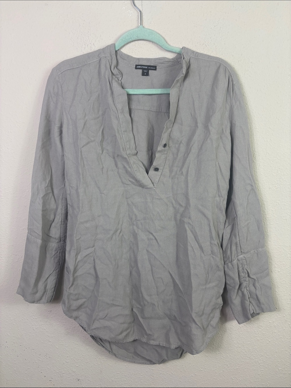 James Perse Linen Blend Gray Tunic Top Partial Button Down size 2